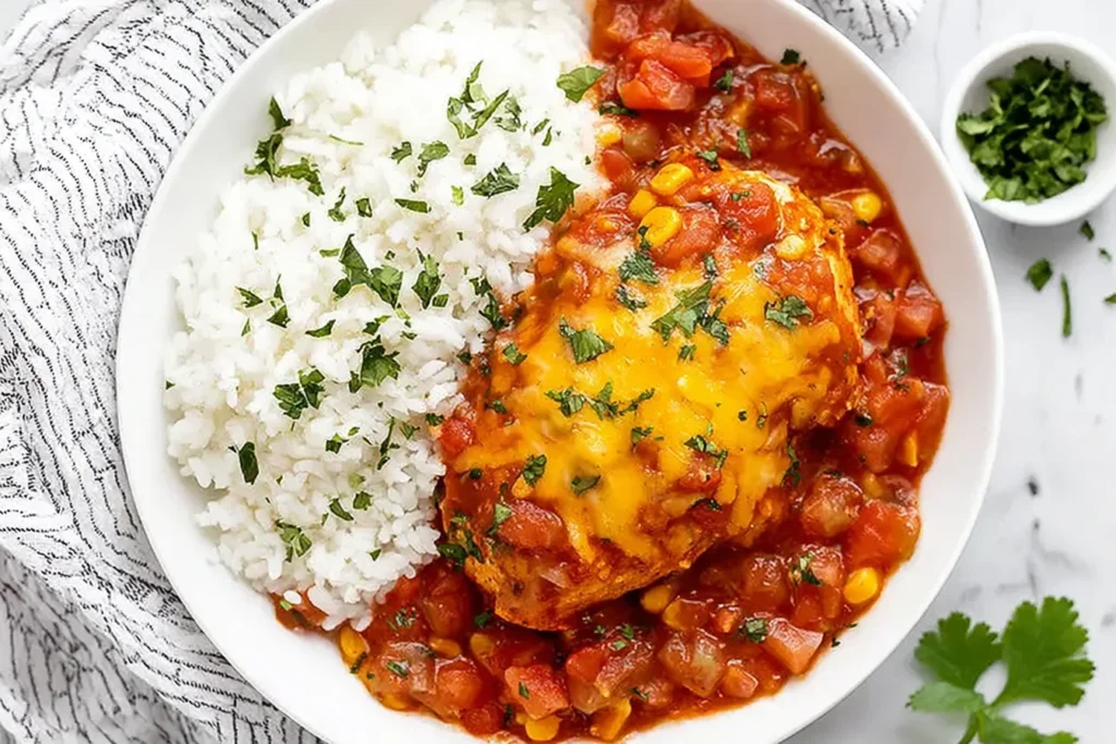 Salsa Chicken served over fluffy white rice with melty cheddar cheese, chunky salsa, and fresh cilantro garnish.