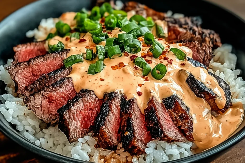 Korean BBQ Steak Rice Bowls with sliced grilled steak over fluffy rice, drenched in spicy cream sauce and topped with green onions and chili flakes.