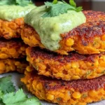 Crispy sweet potato and red lentil patties stacked on a plate with creamy avocado cilantro sauce and fresh cilantro garnish.