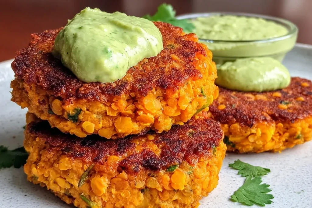 Crispy sweet potato and red lentil patties topped with creamy avocado cilantro sauce, served on a plate with extra sauce and cilantro.