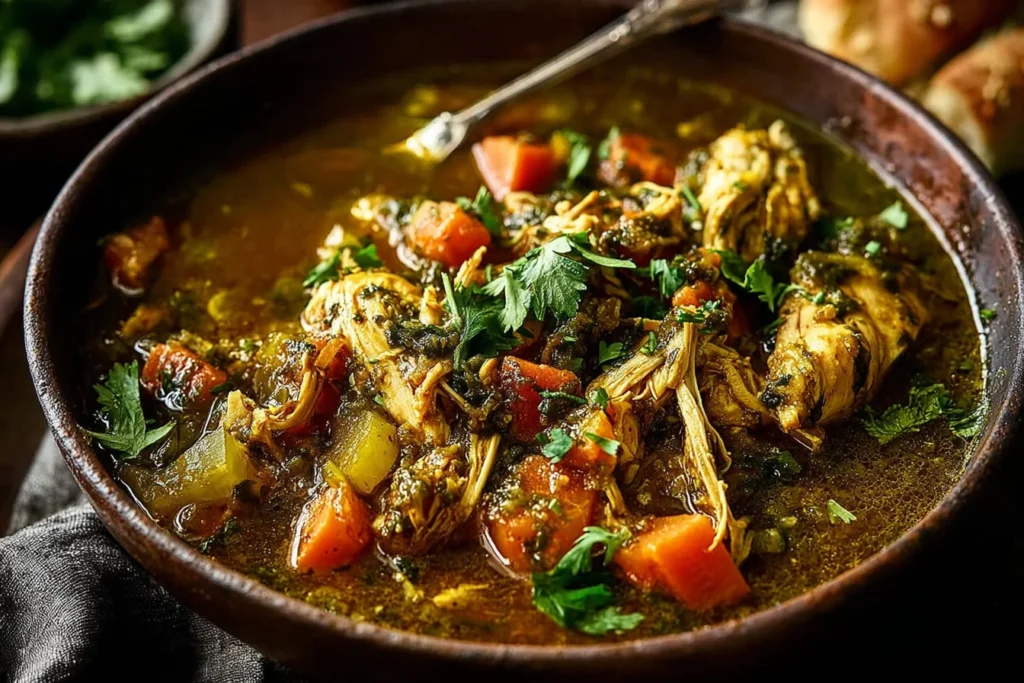 Green Chile Chicken Stew in a rustic bowl with tender shredded chicken, tomatoes, potatoes, and cilantro in a savory broth.