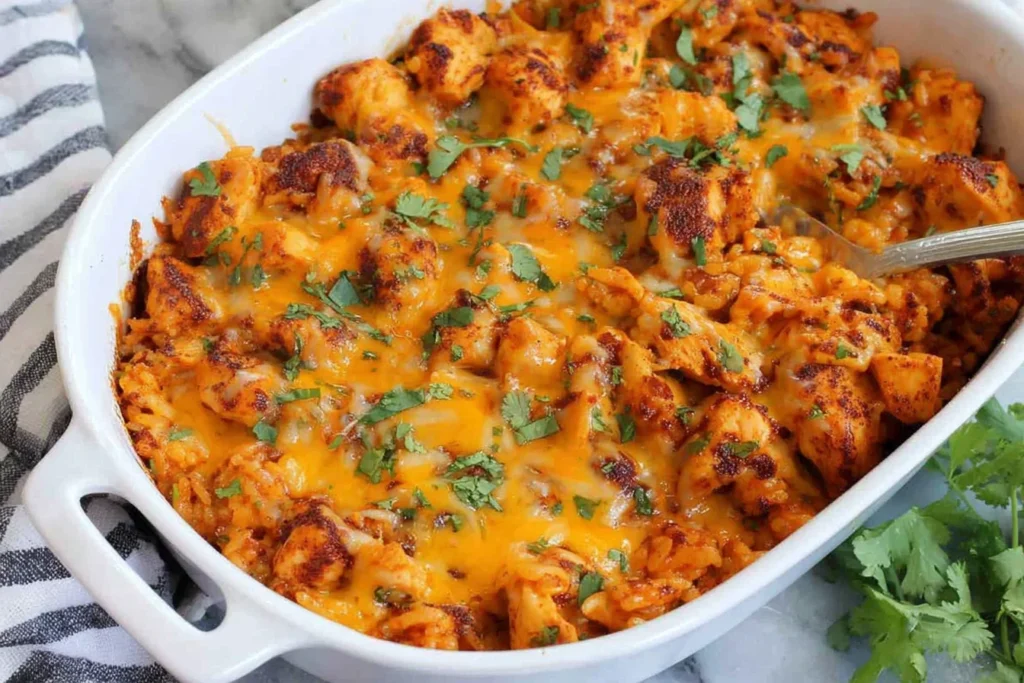 Chicken and Rice Queso Casserole in a white baking dish with taco-seasoned chicken, melty cheddar, and cilantro, served hot with a spoon.