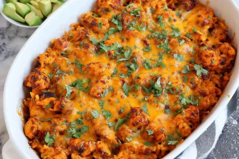 Chicken and Rice Queso Casserole baked golden with melty cheese, taco-seasoned chicken, and cilantro in a white casserole dish.