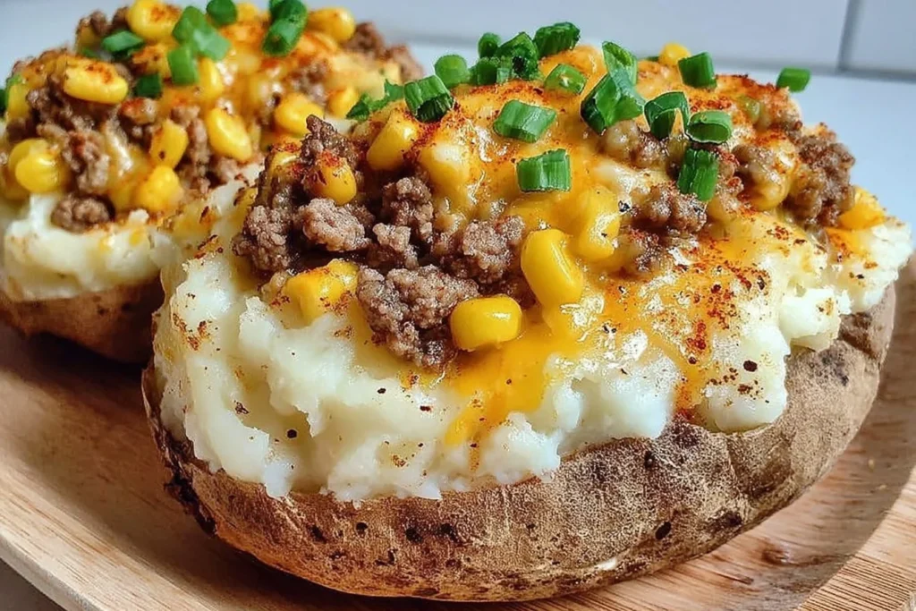 Shepherd’s Pie Baked Potato loaded with creamy mashed potatoes, savory ground beef, melted cheddar, sweet corn, and sliced green onions.