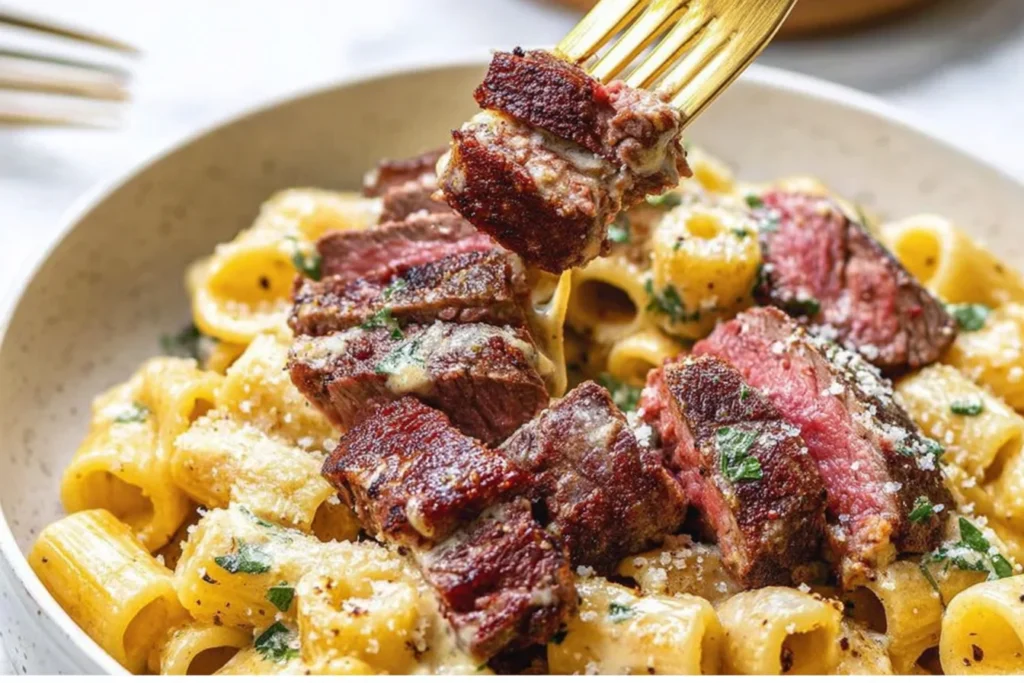 Fork lifting a bite of Cowboy Butter Steak Pasta with seared ribeye cubes and rigatoni coated in creamy garlic-lemon butter sauce, parsley, and parmesan.