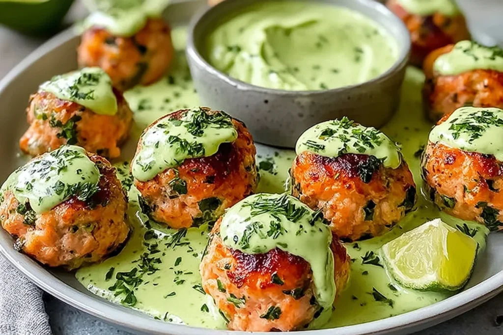 Baked Salmon Meatballs topped with creamy avocado sauce on a plate, garnished with herbs and served with a lime wedge.