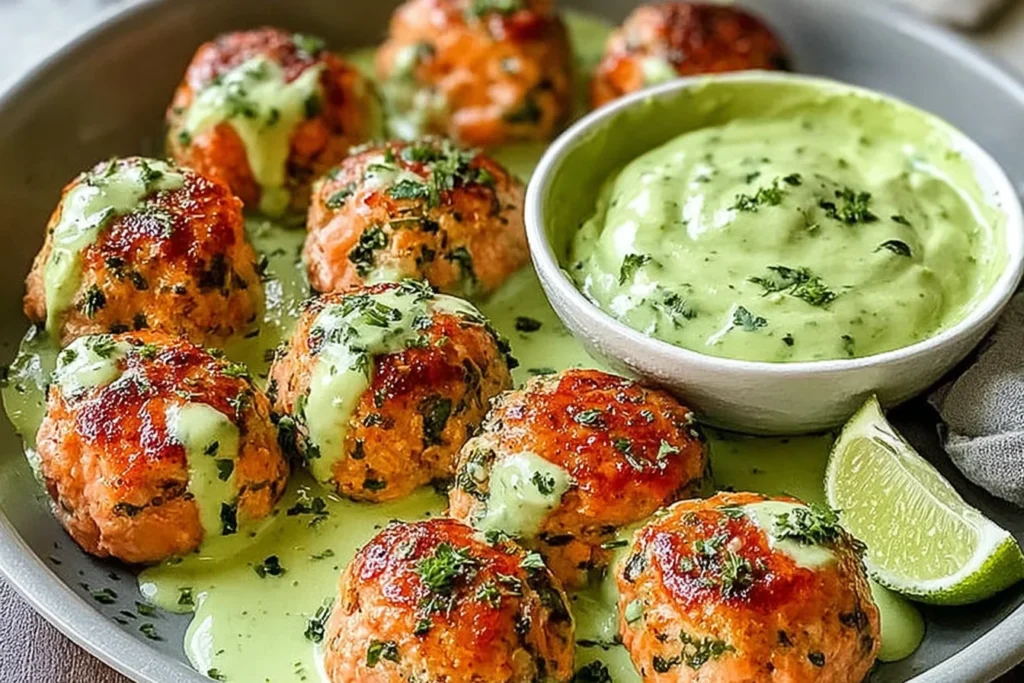 Baked Salmon Meatballs drizzled with creamy avocado sauce in a bowl, served with lime wedges and herbs.