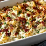 Crazy Good Casserole in a white baking dish with creamy pasta, melted cheese, crispy bacon, and parsley.
