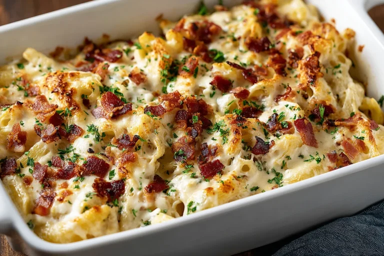 Crazy Good Casserole in a white baking dish with creamy pasta, melted cheese, crispy bacon, and parsley.