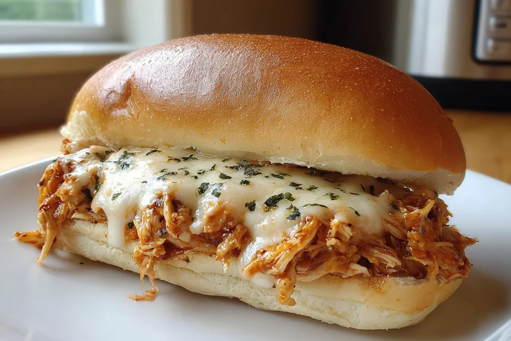 Slow Cooker Parmesan Garlic Chicken Sandwich on a soft toasted bun with shredded chicken, melted mozzarella, and a sprinkle of herbs on a white plate.