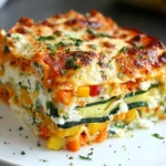 High Protein Veggie Lasagna slice with zucchini layers, ricotta, spinach, bell peppers, and bubbly golden mozzarella on a white plate.