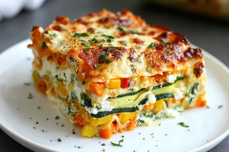 High Protein Veggie Lasagna slice with zucchini layers, ricotta, spinach, bell peppers, and bubbly golden mozzarella on a white plate.