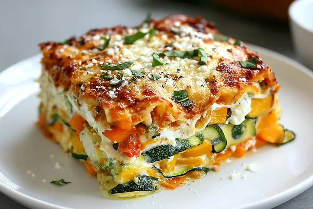 High Protein Veggie Lasagna slice with zucchini “noodles,” ricotta, bell peppers, spinach, and golden melted cheese on a white plate.