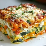 High Protein Veggie Lasagna slice with zucchini “noodles,” ricotta, bell peppers, spinach, and golden melted cheese on a white plate.
