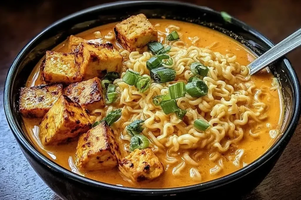 Creamy Coconut Curry Ramen with Tofu in a black bowl with rich coconut curry broth, ramen noodles, crispy tofu cubes, and sliced green onions.