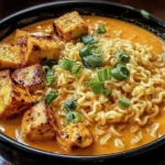 Creamy Coconut Curry Ramen with Tofu in a black bowl with rich coconut curry broth, ramen noodles, crispy tofu cubes, and sliced green onions.