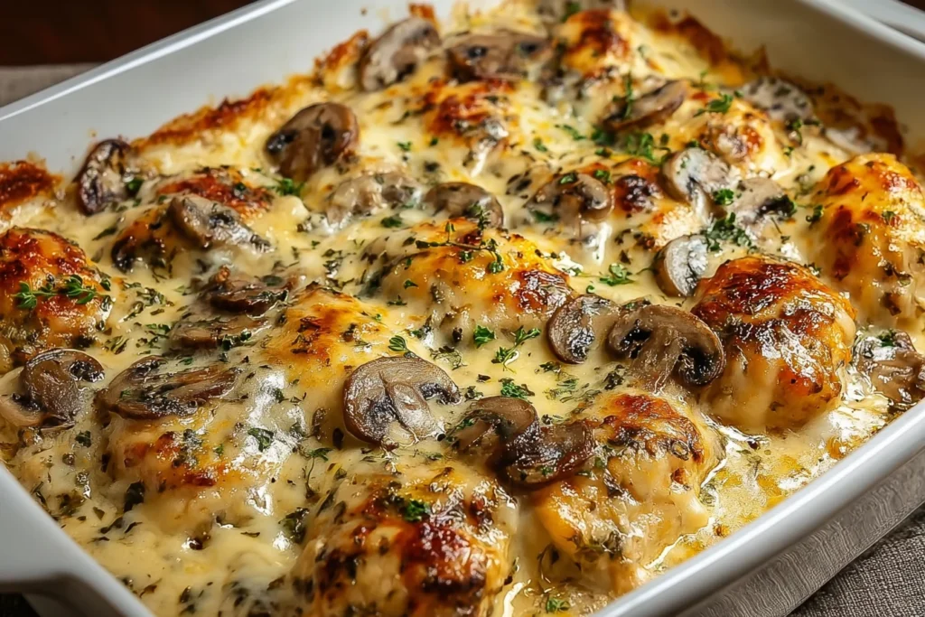 Keto Garlic Mushroom Chicken Casserole fresh from the oven, with golden chicken, sautéed mushrooms, and creamy garlic sauce in a baking dish.