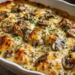 Keto Garlic Mushroom Chicken Casserole baked creamy with melted cheese and sautéed mushrooms in a golden, bubbly casserole dish.