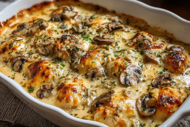 Keto Garlic Mushroom Chicken Casserole baked creamy with melted cheese and sautéed mushrooms in a golden, bubbly casserole dish.