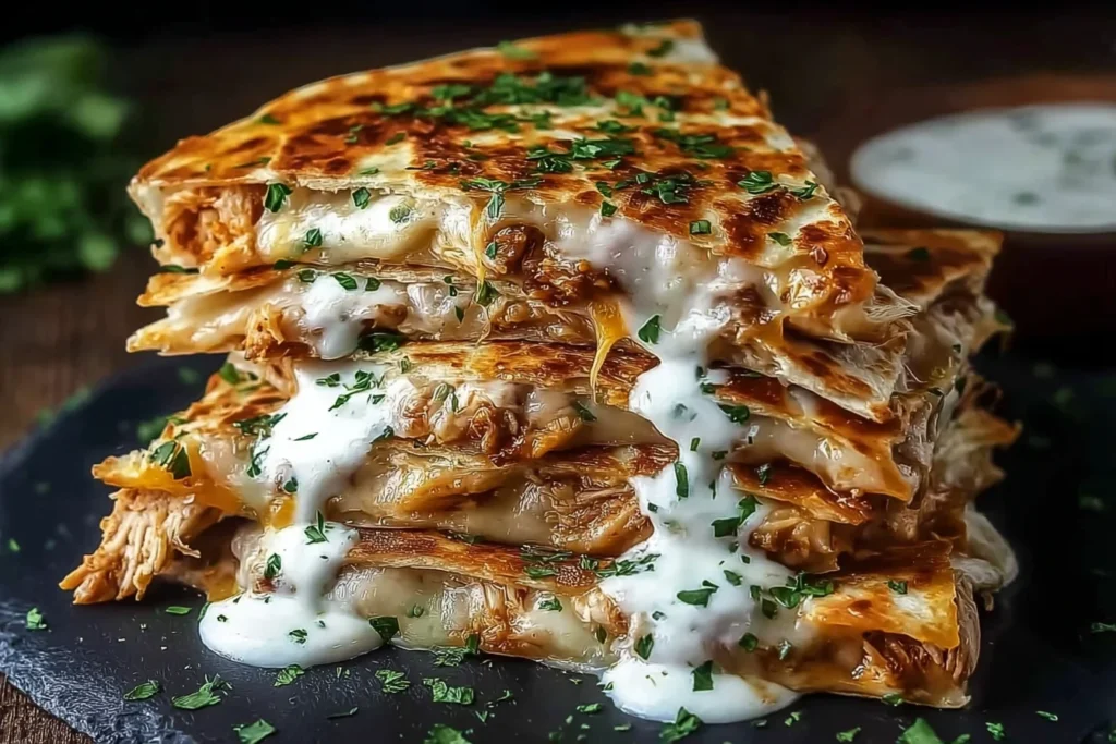 Cheesy Hot Honey Chicken Quesadillas stacked high with crispy tortillas, shredded chicken, gooey melted cheese, and jalapeño cream sauce drizzle.