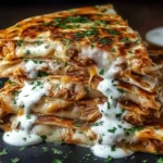 Cheesy Hot Honey Chicken Quesadillas stacked high with crispy tortillas, shredded chicken, gooey melted cheese, and jalapeño cream sauce drizzle.