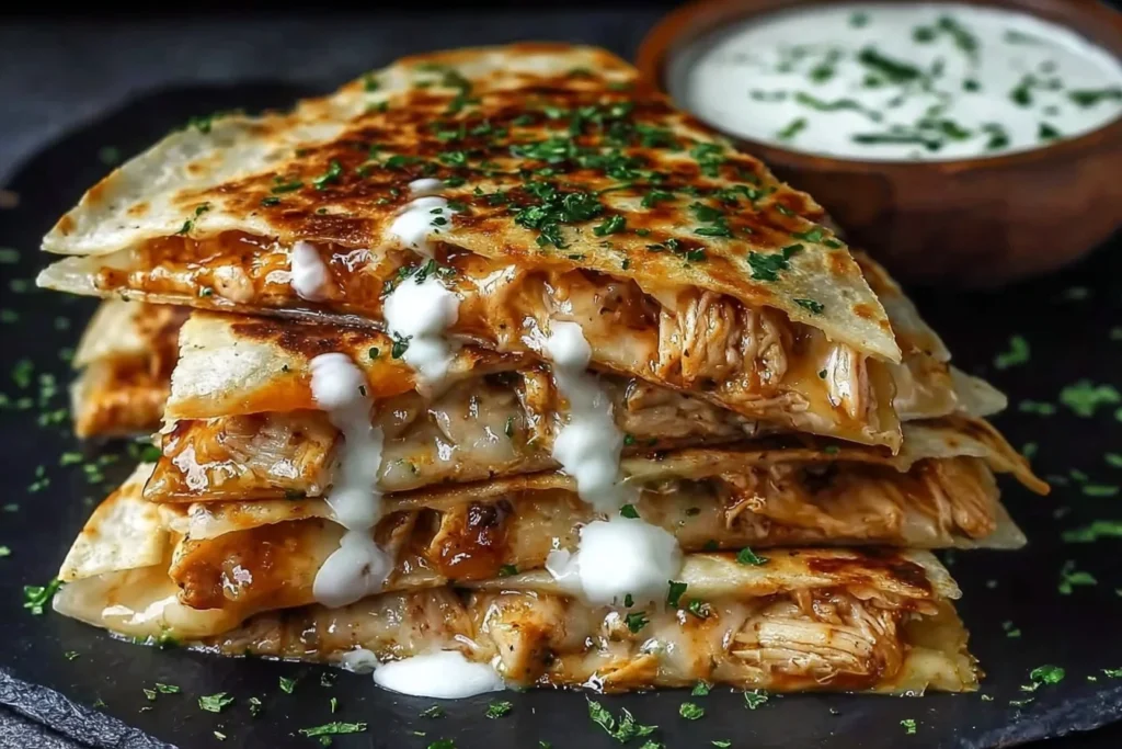 Cheesy Hot Honey Chicken Quesadillas stacked with melty cheese and saucy chicken, drizzled with jalapeño cream sauce and topped with fresh cilantro.