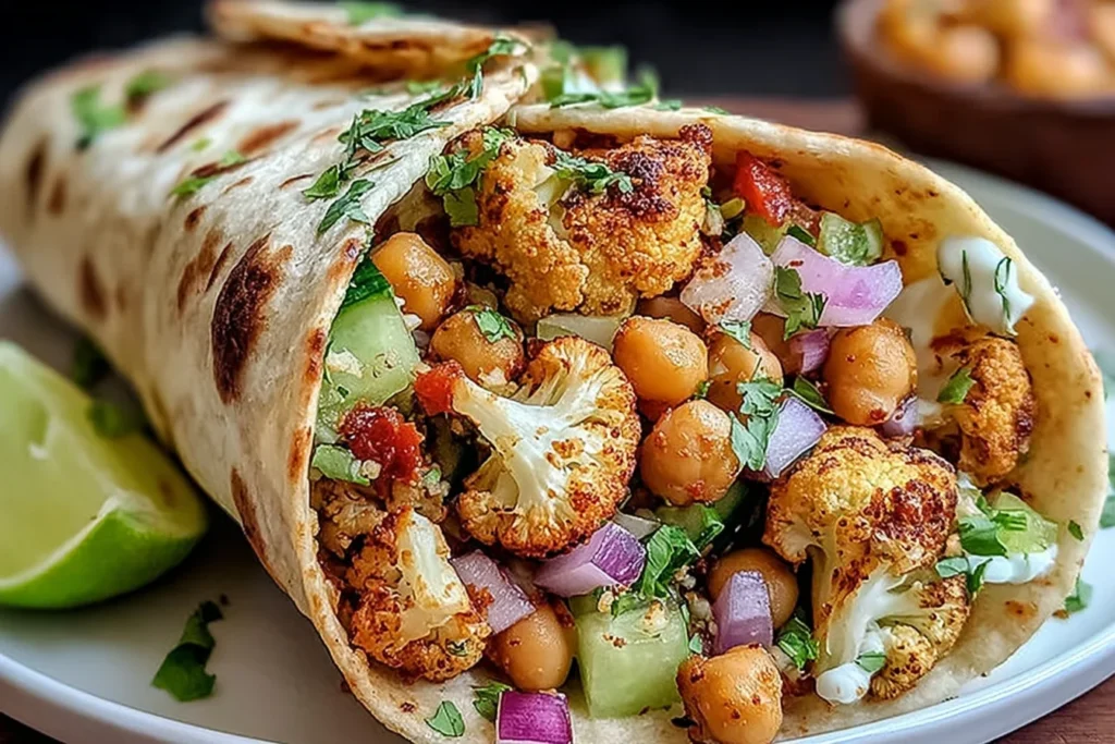 Chili Lime Chickpea Cauliflower Wrap on a plate with roasted cauliflower, chickpeas, cucumber, red onion, herbs, and lime wedges.