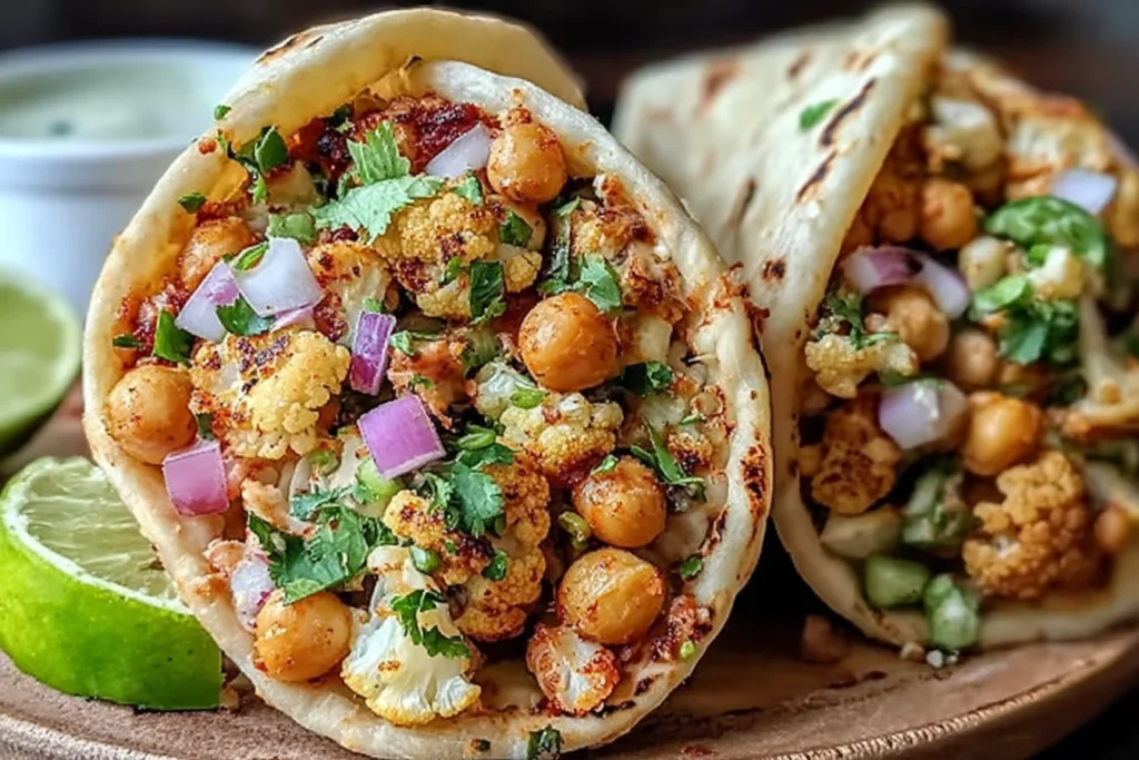 Chili Lime Chickpea Cauliflower Wrap stuffed with roasted cauliflower, chickpeas, red onion, cilantro, and lime wedges on the side.