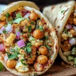 Chili Lime Chickpea Cauliflower Wrap stuffed with roasted cauliflower, chickpeas, red onion, cilantro, and lime wedges on the side.