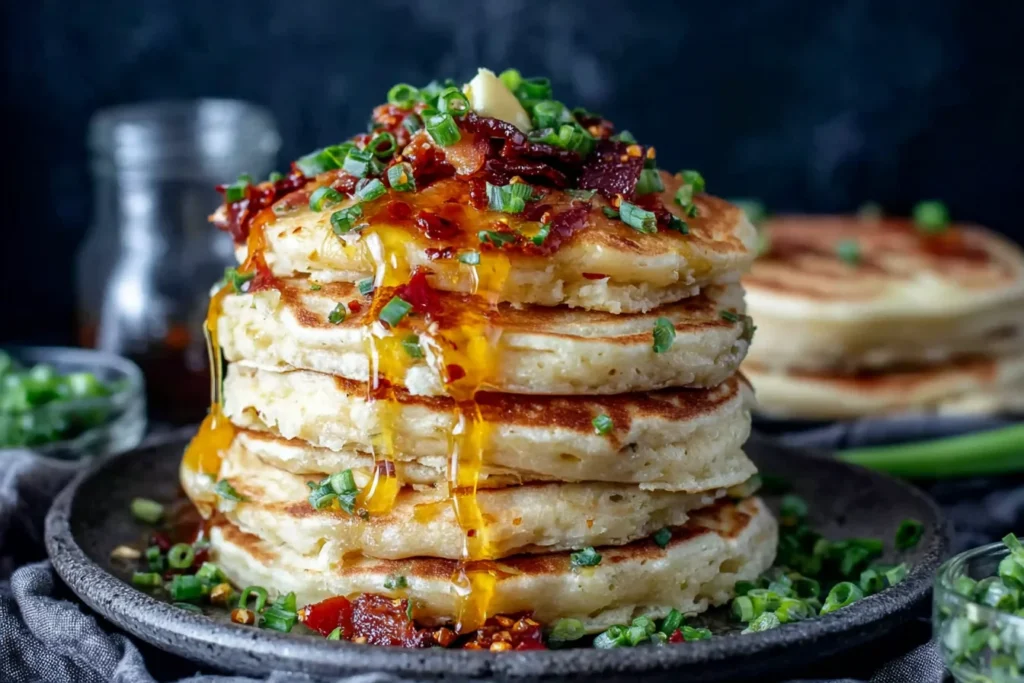 Dinner Pancakes with Chilli Butter stacked high with crispy bacon, chopped scallions, and a glossy golden syrup drizzle on a dark plate.