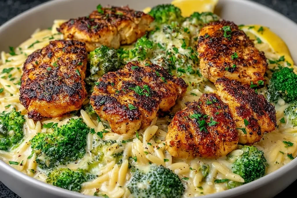 Lemon Pepper Chicken Broccoli Orzo in a creamy one-pan skillet, with golden seared chicken, tender broccoli florets, and lemon wedges.