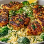 Lemon Pepper Chicken Broccoli Orzo in a creamy one-pan skillet, with golden seared chicken, tender broccoli florets, and lemon wedges.