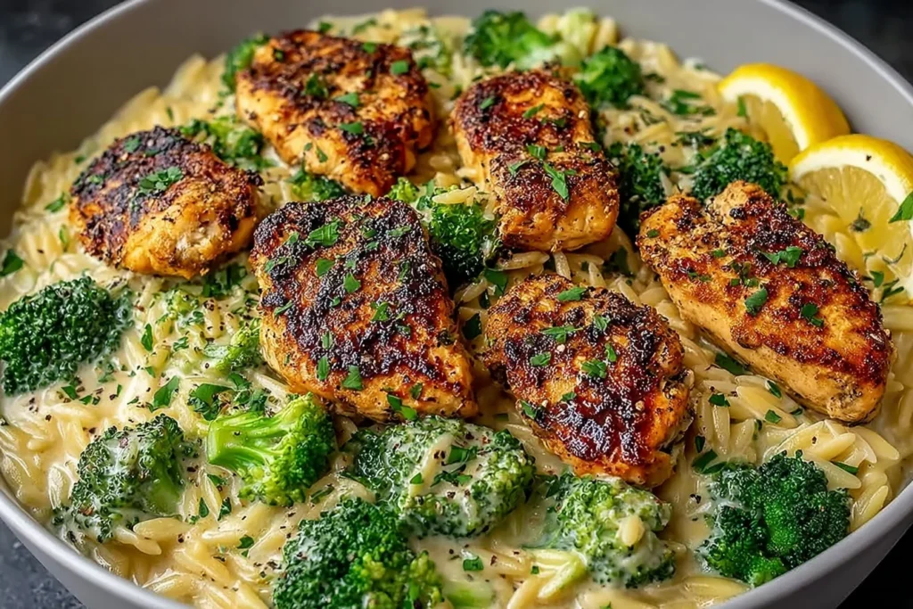 Lemon Pepper Chicken Broccoli Orzo in a creamy skillet with golden lemon-pepper chicken, tender orzo pasta, bright broccoli florets, and lemon slices.