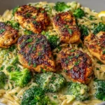 Lemon Pepper Chicken Broccoli Orzo in a creamy skillet with golden lemon-pepper chicken, tender orzo pasta, bright broccoli florets, and lemon slices.