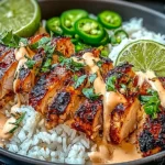 Tropical Coconut Lime Chicken Bowl with sliced sweet chili chicken over fluffy rice, creamy coconut lime drizzle, fresh lime wedges, and jalapeño slices.