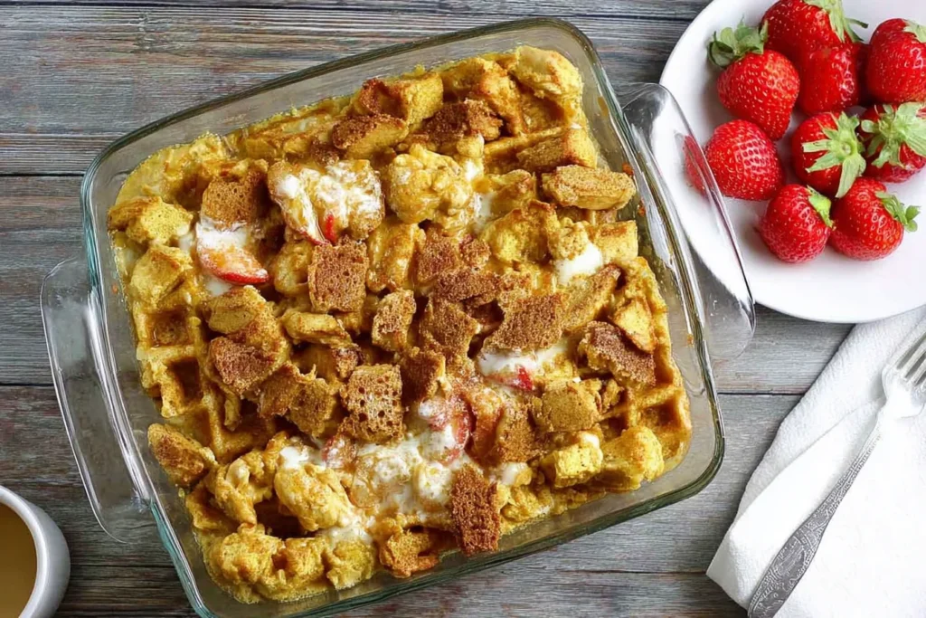 Chicken and Waffle Casserole baked in a glass dish with golden waffle chunks, popcorn chicken, and a maple-cinnamon topping, served with fresh strawberries.