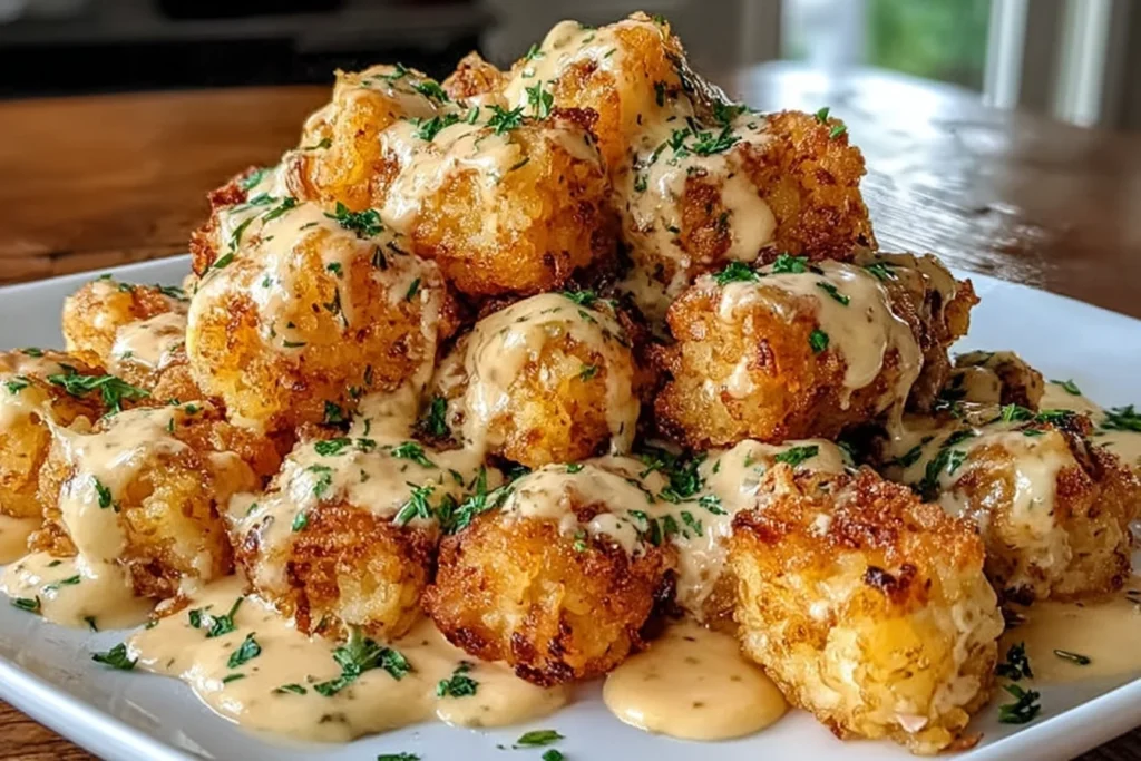 Cheddar Ranch Chicken Tater Tot Bake piled high with crispy golden tater tots, drizzled with creamy ranch-cheddar sauce and sprinkled with fresh herbs.