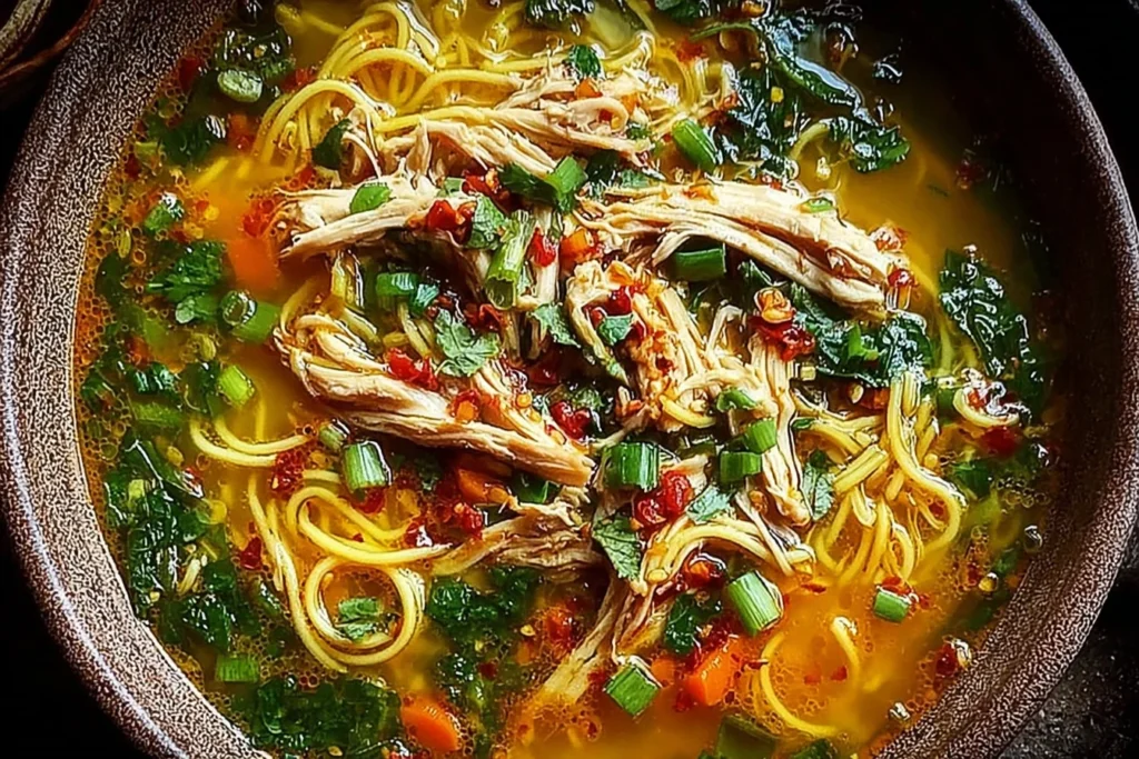 Healing Ginger Garlic Chicken Noodle Soup in a rustic bowl with shredded chicken, curly noodles, fresh herbs, and red pepper flakes in golden broth.