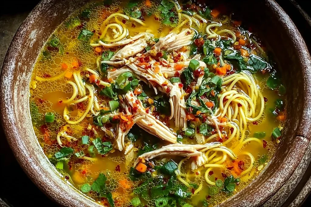 Healing Ginger Garlic Chicken Noodle Soup in a rustic bowl with shredded chicken, noodles, herbs, and red pepper flakes in golden broth.