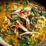 Healing Ginger Garlic Chicken Noodle Soup in a rustic bowl with shredded chicken, noodles, herbs, and red pepper flakes in golden broth.