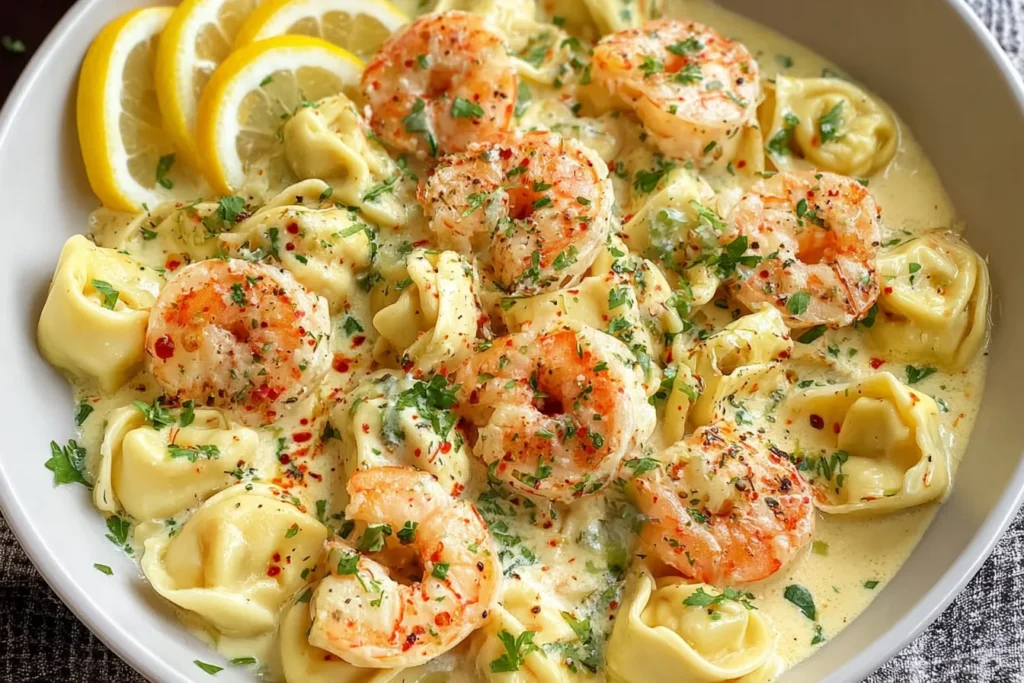 Shrimp Tortellini in Lemon Garlic Cream Sauce with juicy sautéed shrimp, cheese tortellini, parsley, and lemon slices in a creamy sauce.