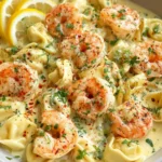 Shrimp Tortellini in Lemon Garlic Cream Sauce with juicy sautéed shrimp, cheese tortellini, parsley, and lemon slices in a creamy sauce.