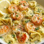 Shrimp Tortellini in Lemon Garlic Cream Sauce topped with Parmesan and parsley, served with lemon slices in a creamy skillet-style pasta bowl.