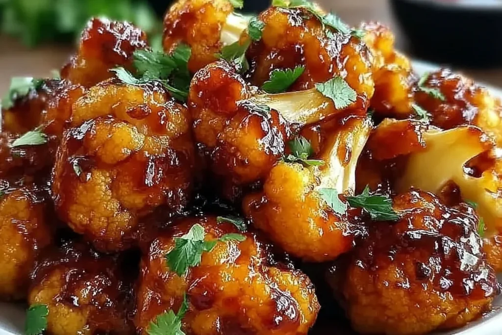Maple Sriracha Cauliflower piled on a plate, roasted until sticky and caramelized, finished with fresh cilantro.