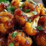 Maple Sriracha Cauliflower piled on a plate, roasted until sticky and caramelized, finished with fresh cilantro.