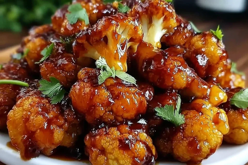 Maple Sriracha Cauliflower roasted until caramelized and glossy, with crispy edges and fresh cilantro on top.