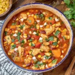 Bowl of BBQ Chicken Soup with tender chicken, beans, sweet corn, carrots, peppers, and fresh herbs on a rustic table.