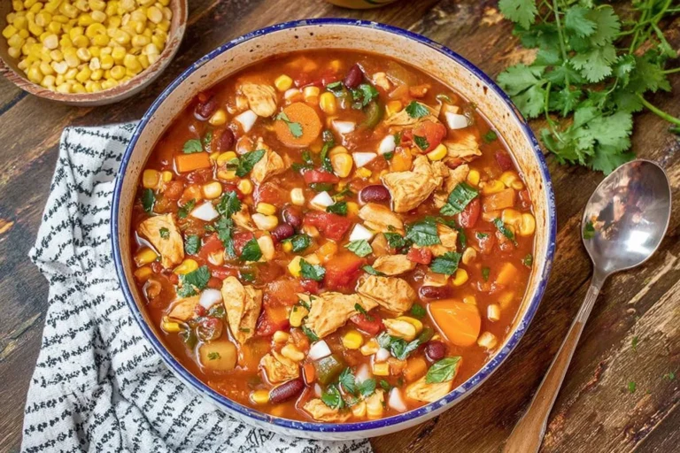 Bowl of BBQ Chicken Soup with tender chicken, beans, sweet corn, carrots, peppers, and fresh herbs on a rustic table.