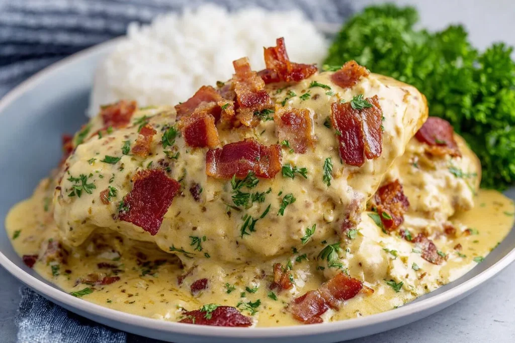 Crock Pot Crack Chicken smothered in creamy ranch cheddar sauce with crispy bacon and herbs, served with white rice and broccoli.