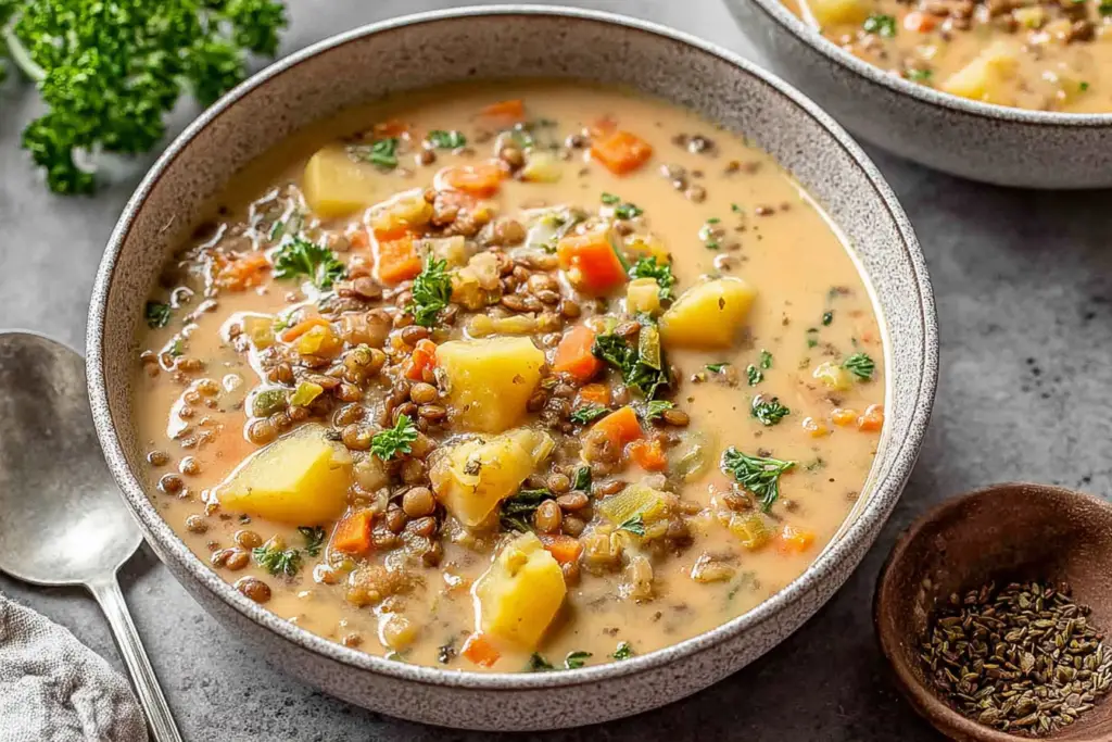 Vegetarian Lentil Soup in a rustic bowl with potatoes, carrots, and herbs in a creamy broth—hearty lentil potato soup for a cozy meal.